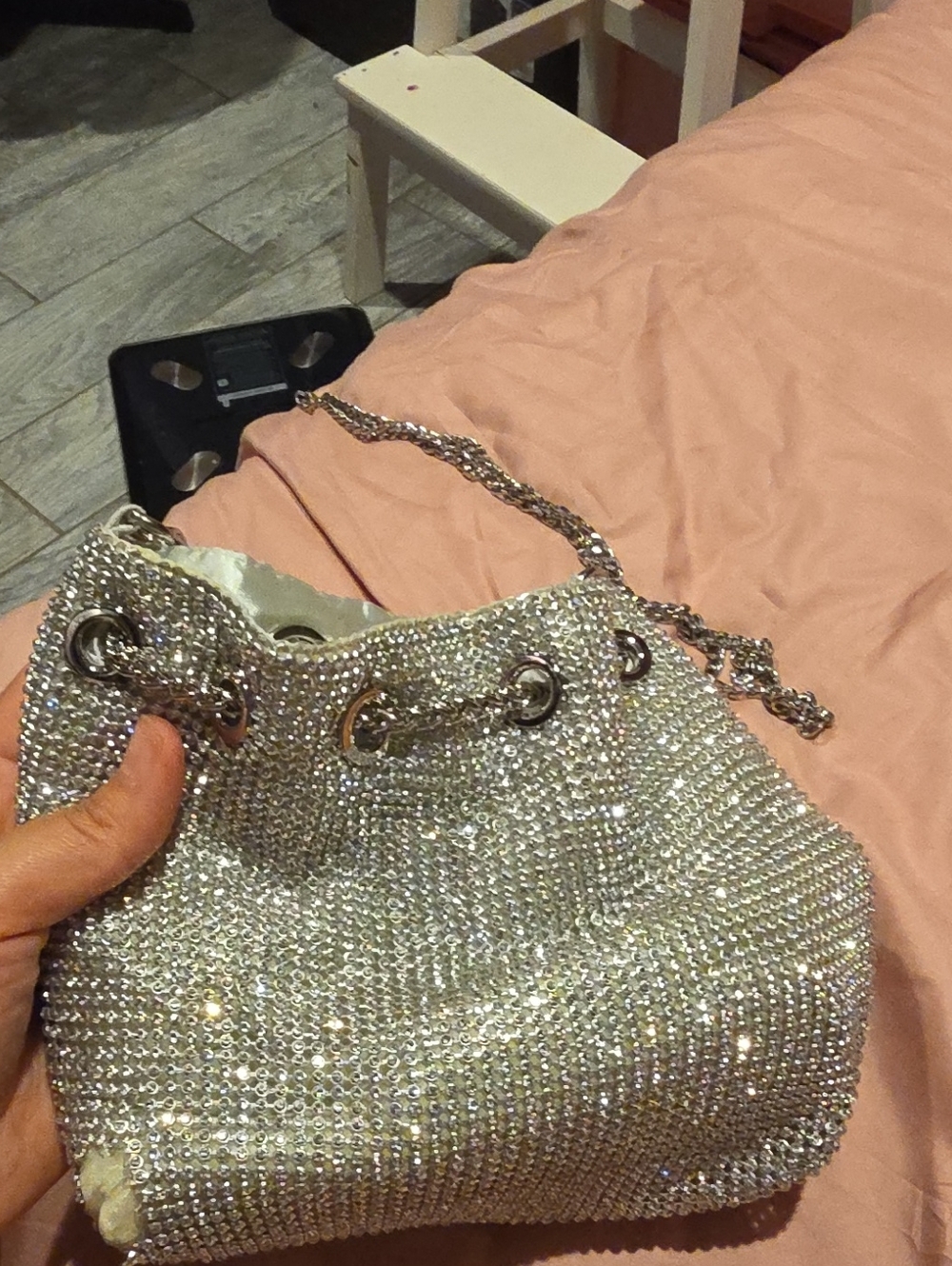 Silver Crystal Drawstring Evening Bag